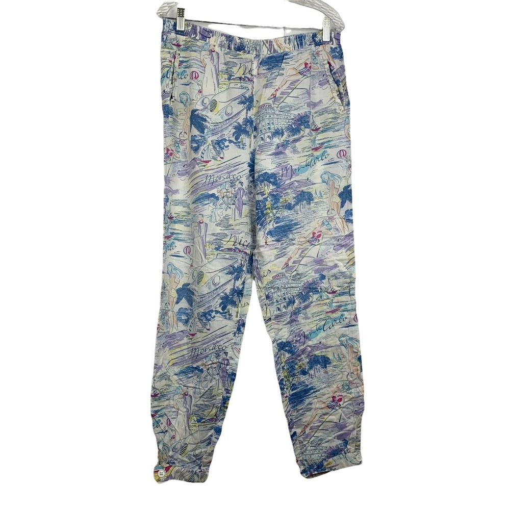 Vintage 80s France Vacation Novelty Print Cropped Pull-On Pants